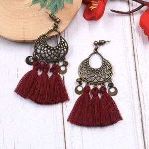 Boho pierced burgundy red tassel earrings